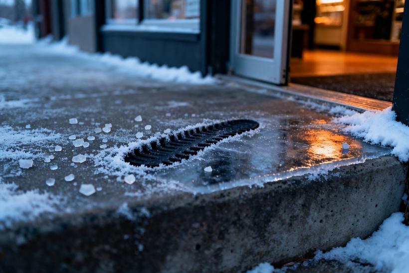 A boot print pressed into a sheet of ice over a salted step at a shop entrance