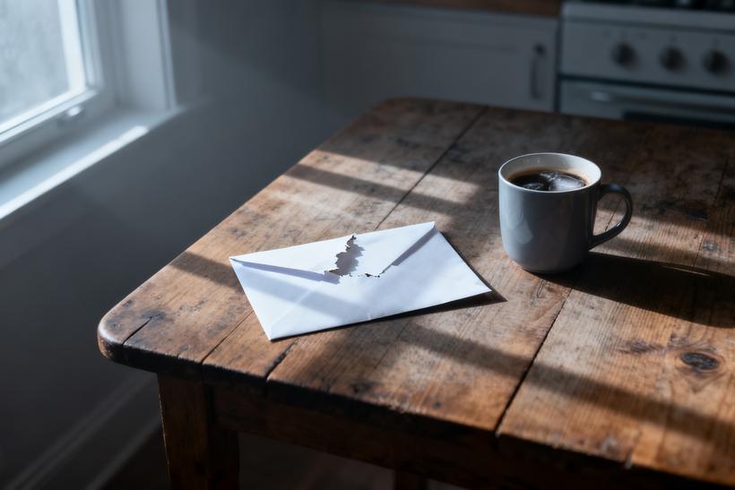 A torn-open envelope on a kitchen table beside a cup of coffee in morning light